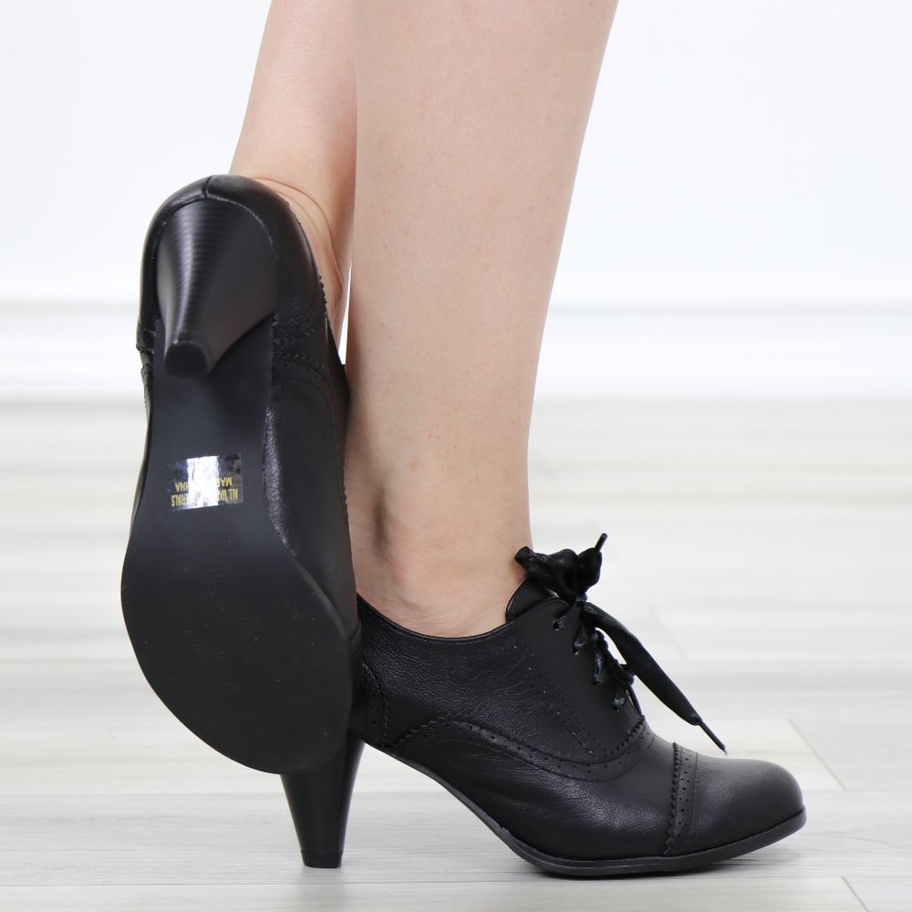 Laced-Up Low Cut Ankle Boots Women's Heeled Oxford - Picture 4 of 15